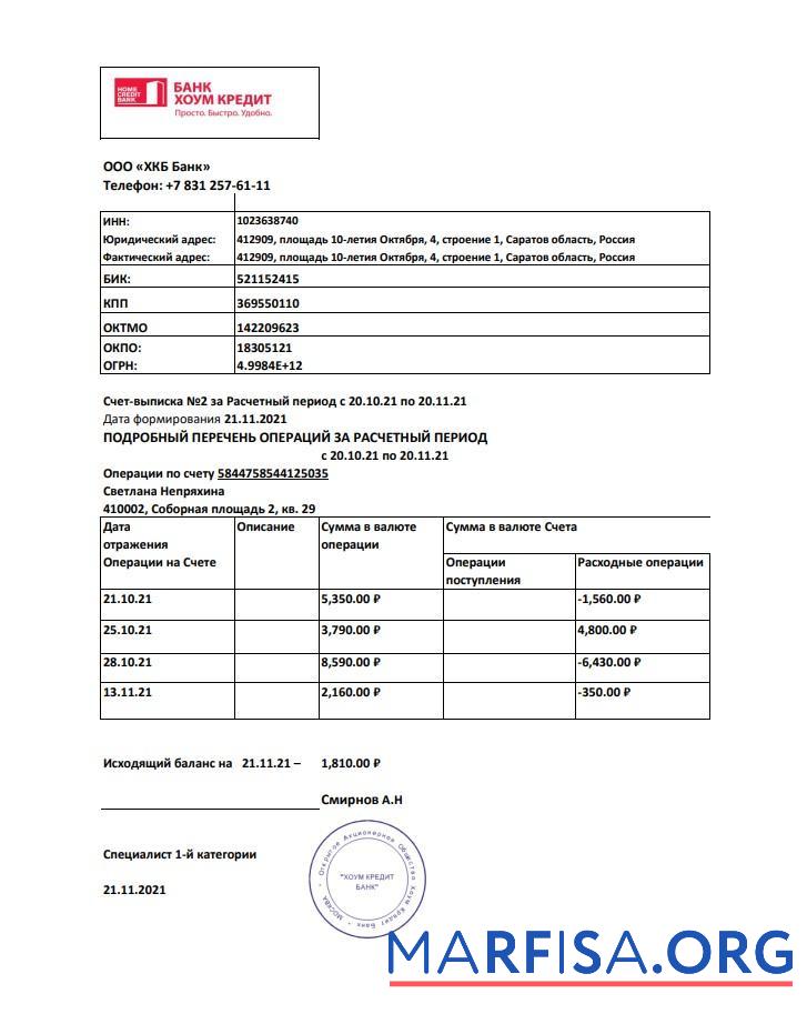 Blank Russia Home Credit bank statement excel sample